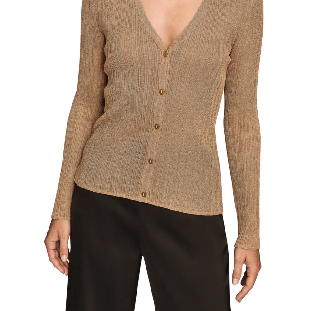 Theory Ribbed V-Neck Button Cardigan in Tan